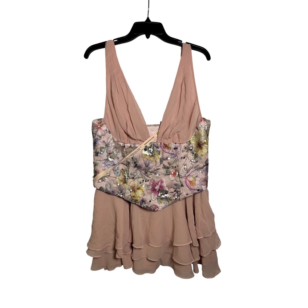 Oh Polly Pink Floral Embroidered Corset Mini Dress Tiered Ruffle Skirt US 10 NWT - Picture 5 of 11